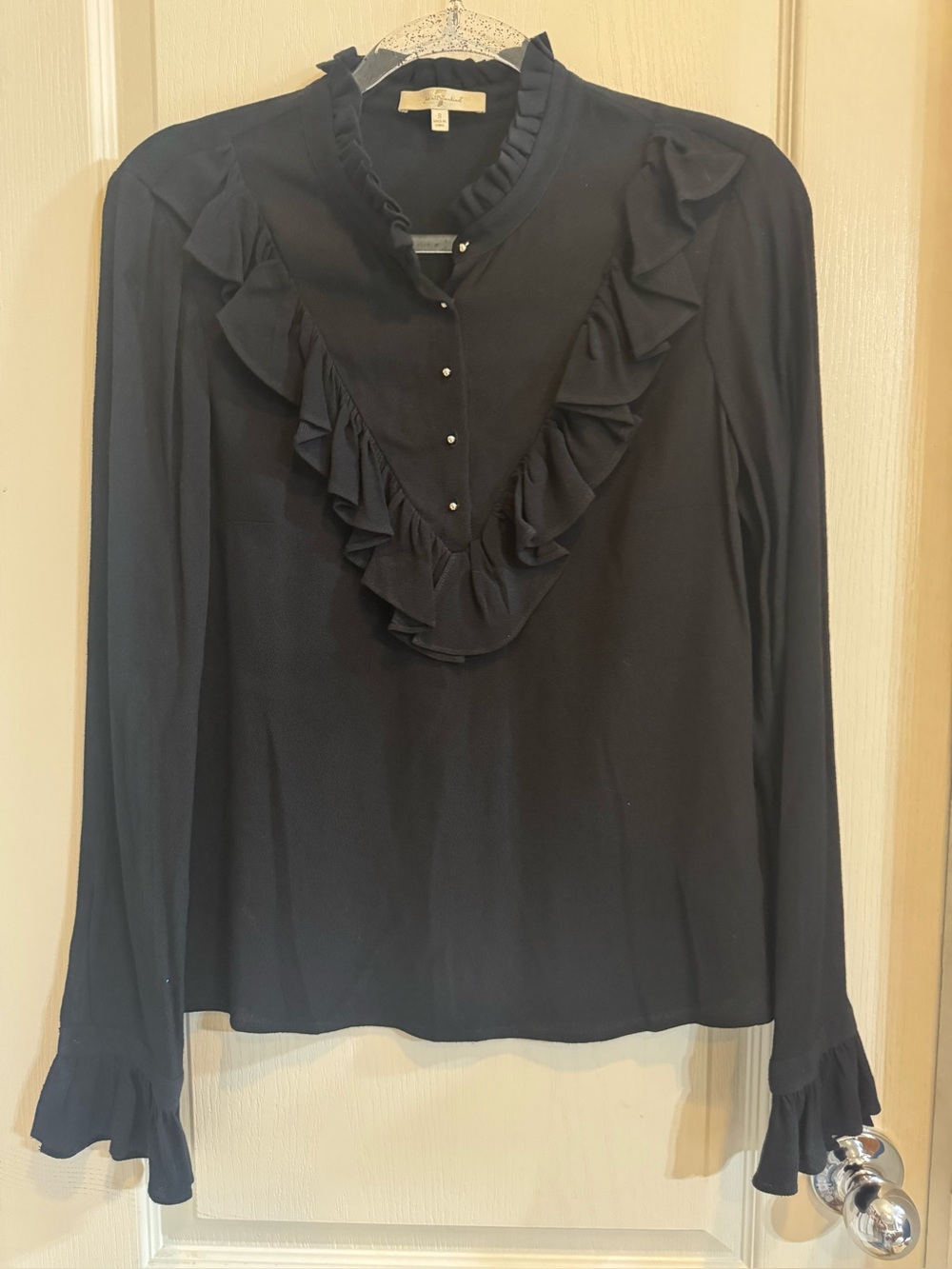 7 For All Mankind Black Ruffle V-Neck Long Sleeve Blouse